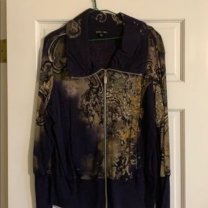 XL navy blue zip up sweatshirt with tan print